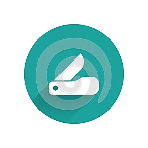 White Swiss army knife icon isolated with long shadow. Multi-tool, multipurpose penknife. Multifunctional tool. Green