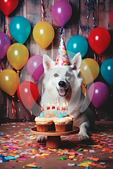 White Swiss Shepherd dog with a hat and birthday cake and candles.