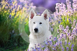 White Swiss Shepherd Dog on  lavanda flowers