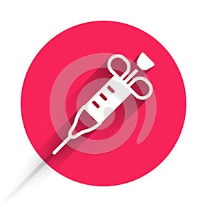 White Syringe icon isolated with long shadow background. Syringe for vaccine, vaccination, injection, flu shot. Medical