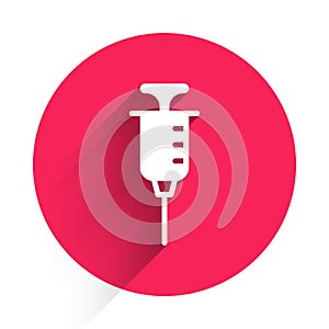 White Syringe icon isolated with long shadow background. Syringe for vaccine, vaccination, injection, flu shot. Medical