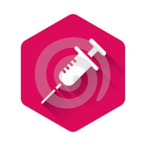White Syringe icon isolated with long shadow. Syringe for vaccine, vaccination, injection, flu shot. Medical equipment. Pink