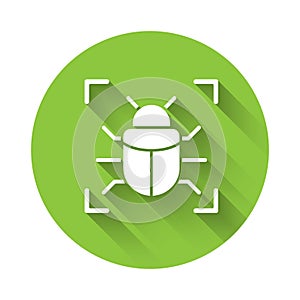 White System bug concept icon isolated with long shadow. Code bug concept. Bug in the system. Bug searching. Green