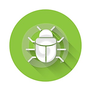 White System bug concept icon isolated with long shadow. Code bug concept. Bug in the system. Bug searching. Green