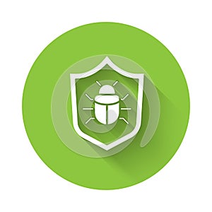 White System bug concept icon isolated with long shadow. Code bug concept. Bug in the system. Bug searching. Green