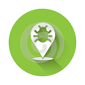 White System bug concept icon isolated with long shadow. Code bug concept. Bug in the system. Bug searching. Green