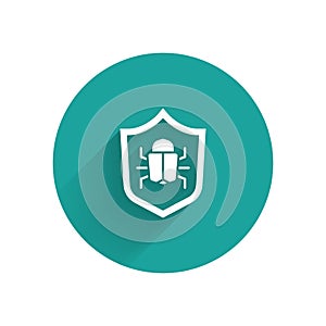 White System bug concept icon isolated with long shadow. Code bug concept. Bug in the system. Bug searching. Green