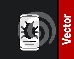 White System bug on mobile icon isolated on black background. Code bug concept. Bug in the system. Bug searching. Vector