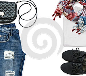 White t-shirt, blue boyfriend jeans, crossbody bag, scarf and bl