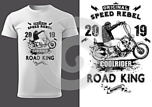 White T-shirt Design with Motorcyclist