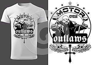 White T-shirt Design with Motorcyclist and Inscriptions