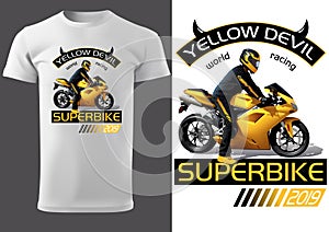 White T-shirt Design with Motorcyclist and Inscriptions