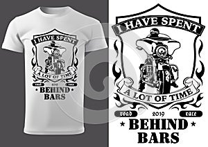 White T-shirt Design with Motorcyclist and Inscriptions