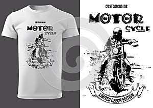 White T-shirt Design with Motorcyclist and Inscriptions