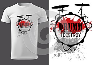 White T-shirt with Drums and Inscriptions