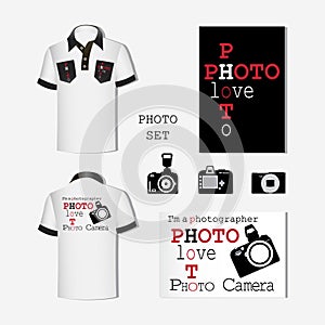 White T-shirt with emblems and photo cameras.