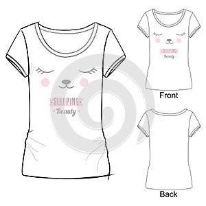 White t shirt with fashion print with illustration of a kawaii anime face with closed eyes