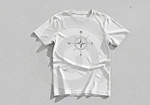White t-shirt featuring a black compass rose design centered on the