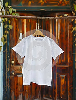 A white t - shirt hanging on a clothes line