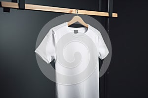 A white t - shirt hanging on a clothes rack. AI generative image.
