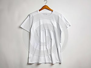 A white t - shirt hanging on a wooden hanger