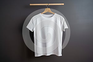 A white t - shirt hanging on a wooden hanger. AI generative image.