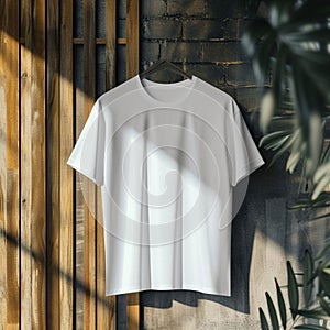 White T-Shirt Hanging on Wooden Wall