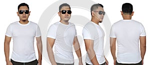 White t-shirt mock up, front, side and back view. Male model wear plain white shirt mockup. Tshirt design template for print