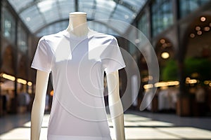 White t-shirt mockup. Blank template female white t shirt on clothing shop market background. Women summer short-sleeve wear front