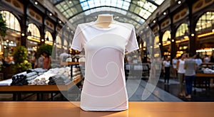 White t-shirt mockup. Blank template female white t shirt on clothing shop market background. Women summer short-sleeve wear front