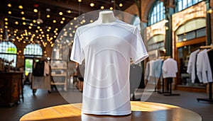 White t-shirt mockup. Blank template male white t shirt on clothing shop market background. Man summer short-sleeve wear front