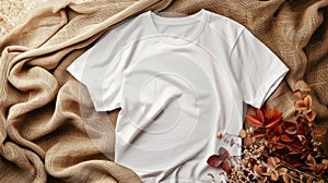 a white t-shirt mockup with a blank shirt template photo, featuring stylish fall accessories against a rustic burlap