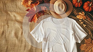 a white t-shirt mockup with a blank shirt template photo, featuring stylish fall accessories against a rustic burlap