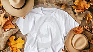 a white t-shirt mockup with a blank shirt template photo, featuring stylish fall accessories against a rustic burlap