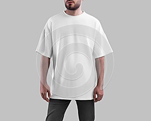 White t-shirt mockup on man with beard, stylish streetwear for design, print, pattern, branding, front view