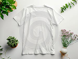 White t - shirt mockup with plants and flowers