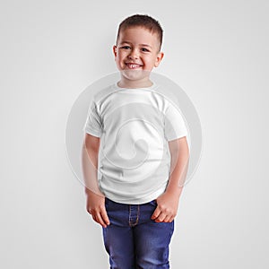 White t-shirt mockup on smiling boy posing against background in studio