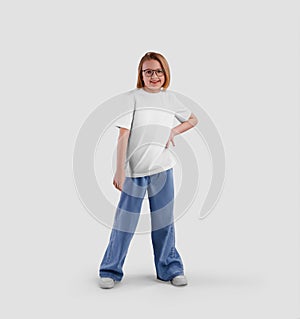 White t-shirt mockup on smiling girl in jeans, blank shirt for design, print, front view in full growth