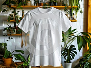 White t-shirt mockup on wooden table