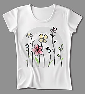 White t-shirt with shadow isolated on gray background. Realistic t shirt with spring flowers design template.
