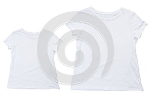 White t-shirt and t-shirt for teenager or baby mock up. Collection of various t shirts on white background