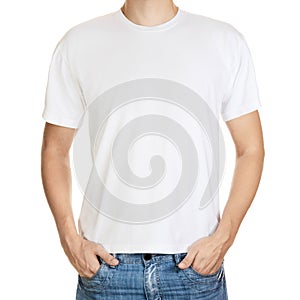 White t-shirt on a young man template isolated