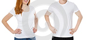 White t-shirt on a young red hair man and girl isolated mockup tshirt close up