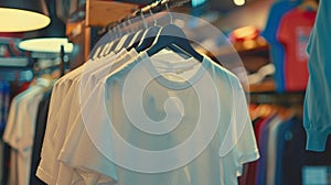 White T shirts on Wooden Hangers in a Retail Store