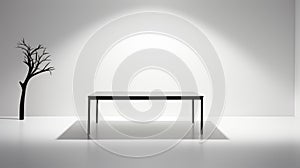 Modern Black Table With Moody Shadows On Plain White Background photo