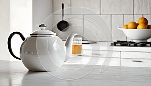 A white table with a Bauhaus teapot rests against a traditional kitchen backdrop