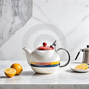 A white table with a Bauhaus teapot rests against a traditional kitchen backdrop