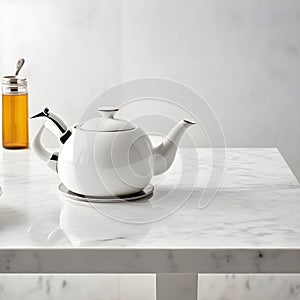 A white table with a Bauhaus teapot rests against a traditional kitchen backdrop