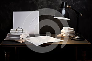 a white table with a black desk lamp and a stack of blank papers