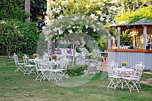 White table and chairs in beautiful garden. Outdoo